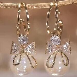 Faux Pearl Bow Knot Earrings Drop Dangle Cubic Zirconia Festive Holidays